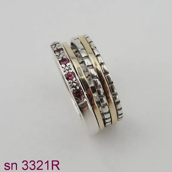 Silver & Gold Swivel Ring inlaid Ruby (sn 3321r)
