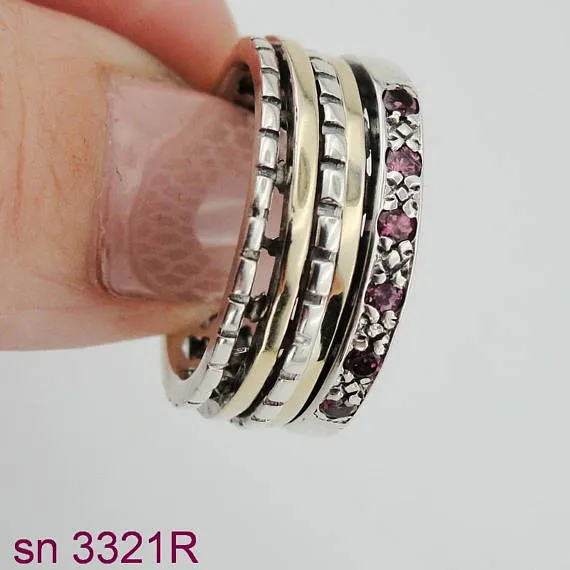 Silver & Gold Swivel Ring inlaid Ruby (sn 3321r)