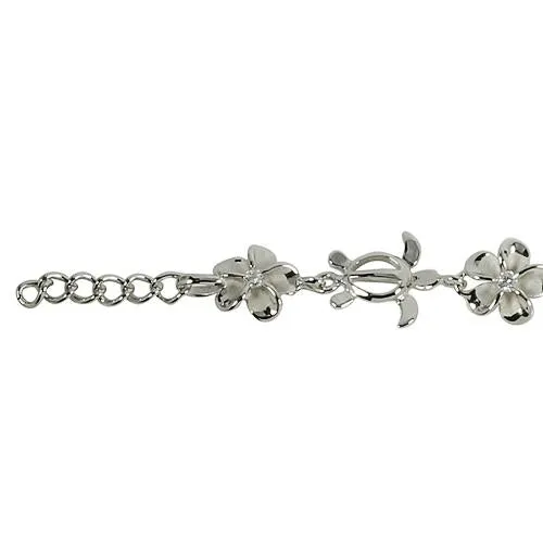 Sterling Silver Rhodium Plated Honu (Hawaiian Turtle) and 8mm Plumeria with CZ Bracelet