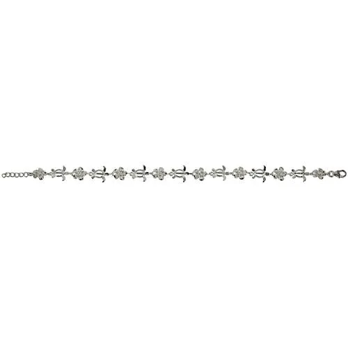 Sterling Silver Rhodium Plated Honu (Hawaiian Turtle) and 8mm Plumeria with CZ Bracelet