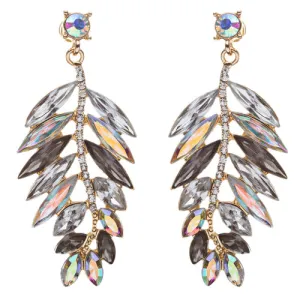 Stunning Beautiful Crystal Rhinestone Leaf Linear Drop Statement Earrings Gray