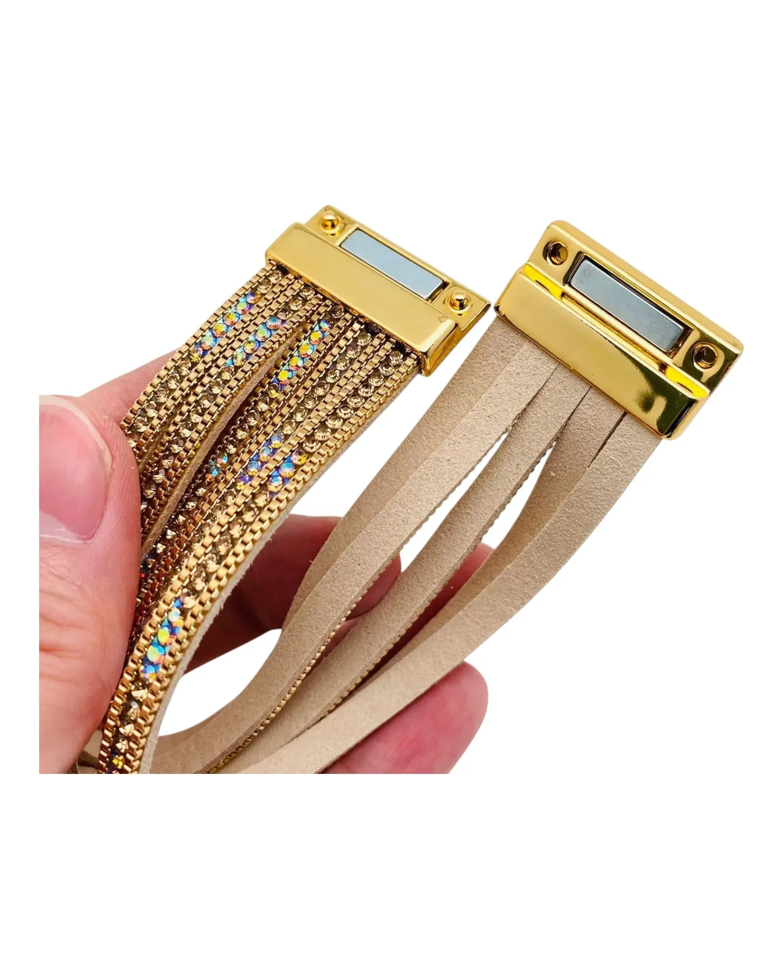 Tan Leather & Inlaid Crystal Layer Bracelet
