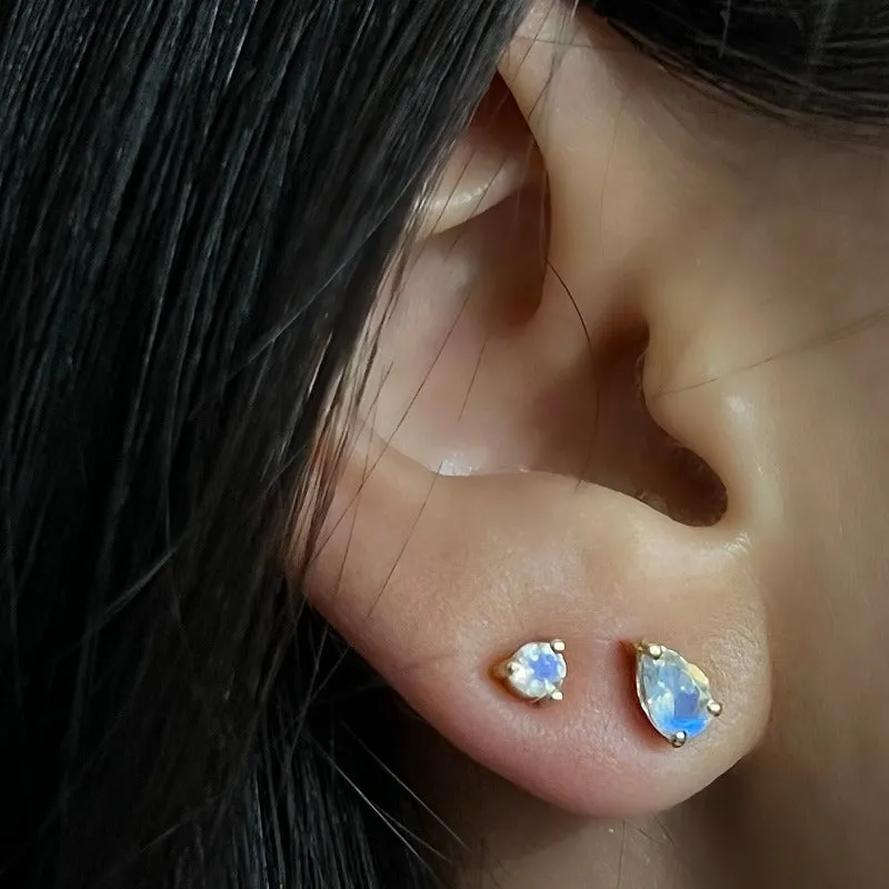 Tiny Stud, Rainbow Moonstone, 9kt Yellow Gold