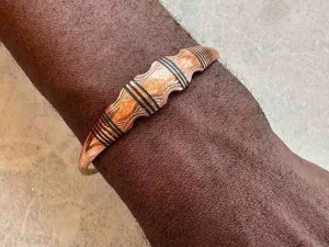 Tuareg Multiple Stripe Inlay Indented Sides Etched Flat Copper Bracelet