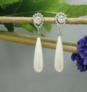 White Shell Pearl Teardrop  and Cubic Zirconia  Ear Post Dangle Earrings.