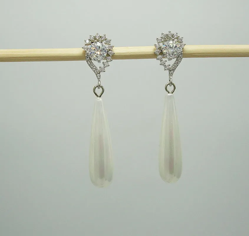 White Shell Pearl Teardrop and Cubic Zirconia Ear Post Dangle Earrings.