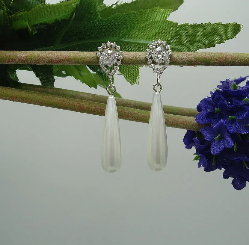 White Shell Pearl Teardrop  and Cubic Zirconia  Ear Post Dangle Earrings.