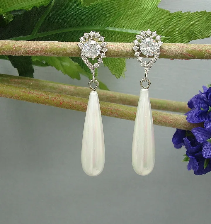 White Shell Pearl Teardrop and Cubic Zirconia Ear Post Dangle Earrings.
